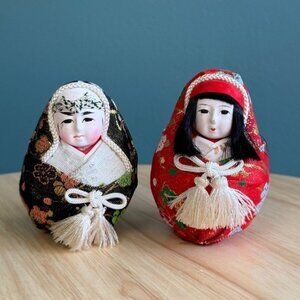 Vintage Japanese Wedding Doll Couple Roly-Poly Hime Daruma Gofun Face 4.5" Tall